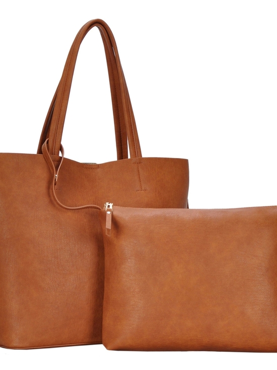 Madison West Handbags - Tan Leatherette Tote Bag with Pouch - Women Bags